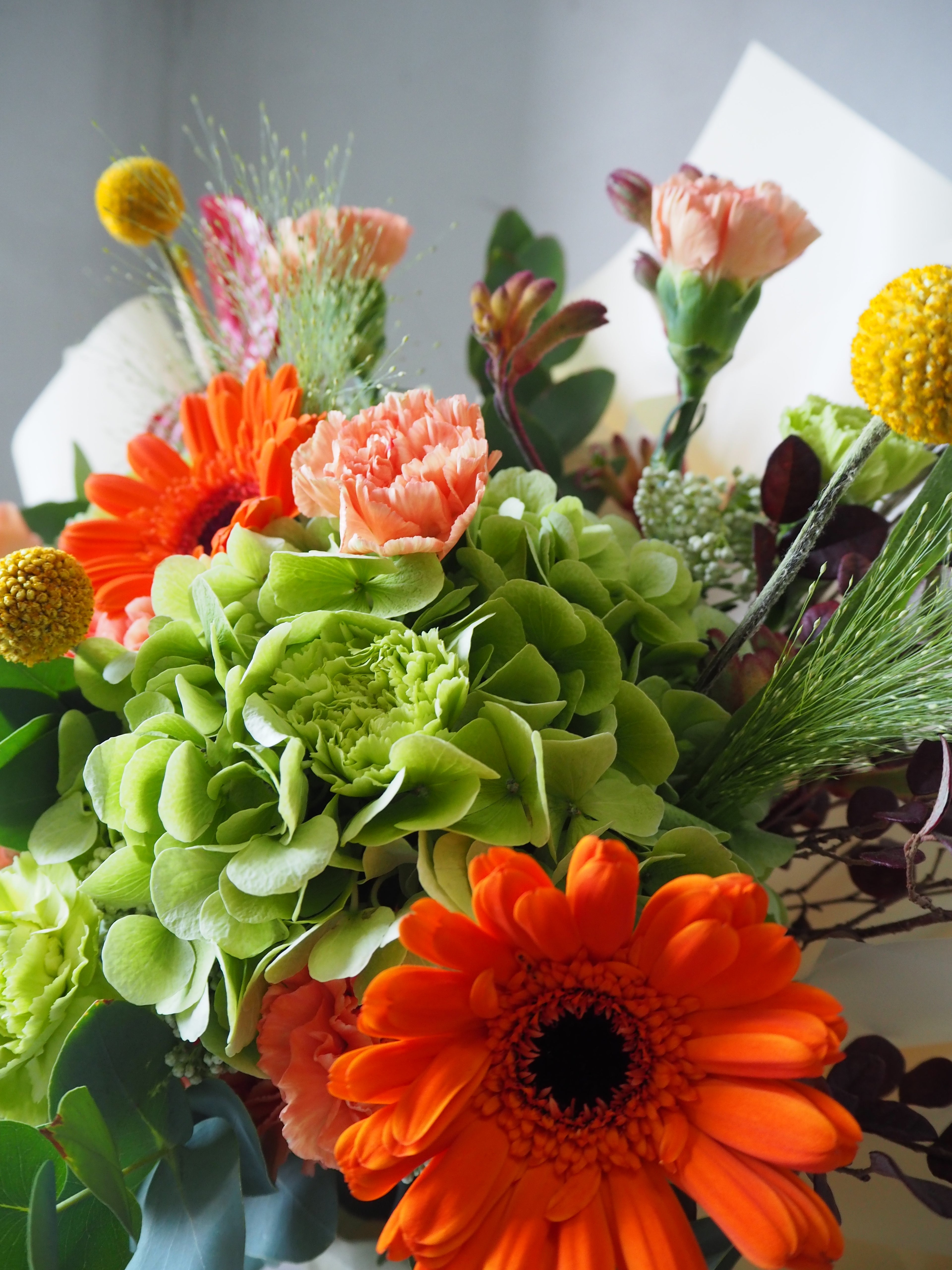 Bouquet of colorful flowers including orange, green, and yellow flowers on a neutral background