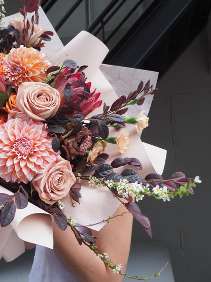 Luxury autumn fresh flower bouquet with protea and dahlia. 